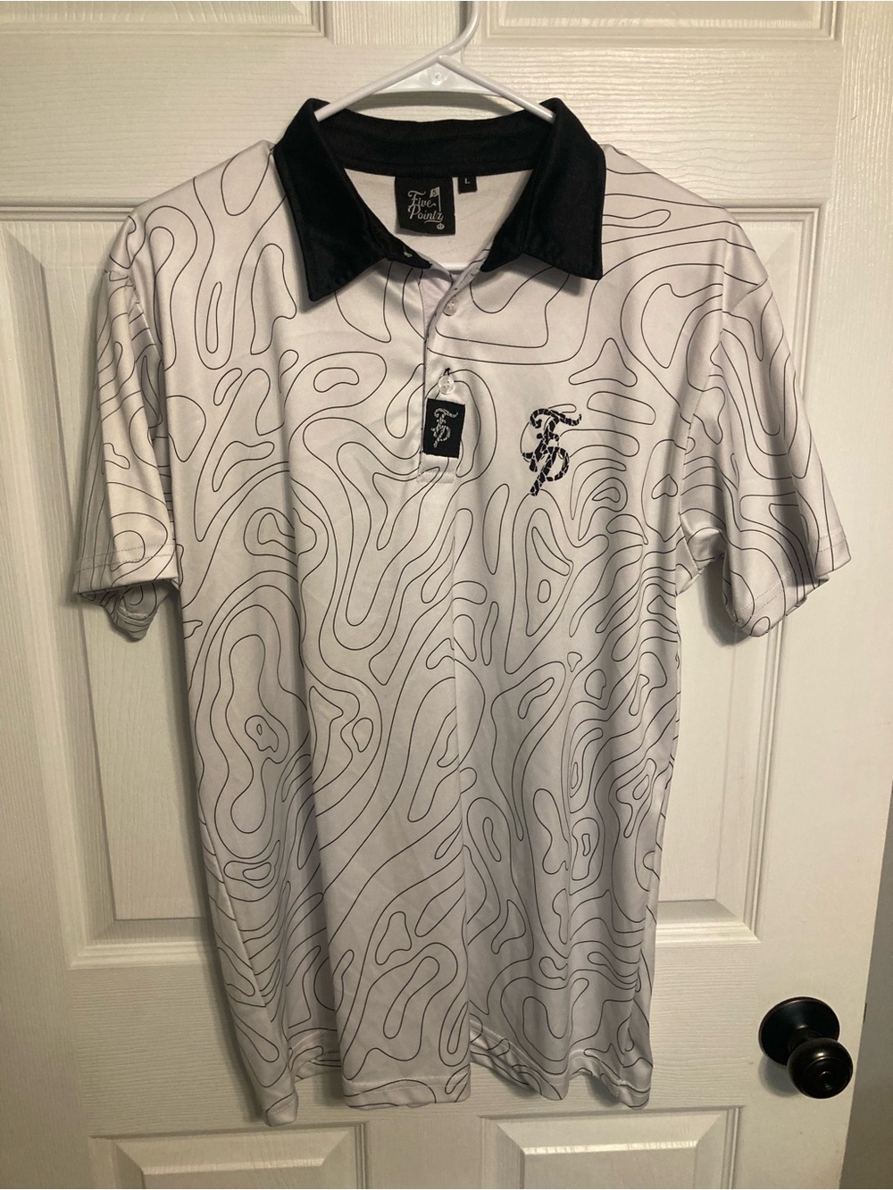 White Geo-Contour Polo with Black Contrast Collar